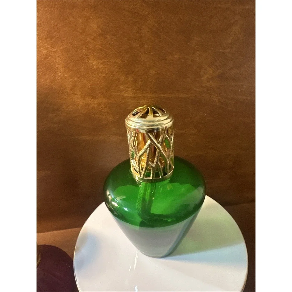 LAMPE EMERALD GREEN GLASS LAMP OIL DIFFUSER BUNER GOLD Top